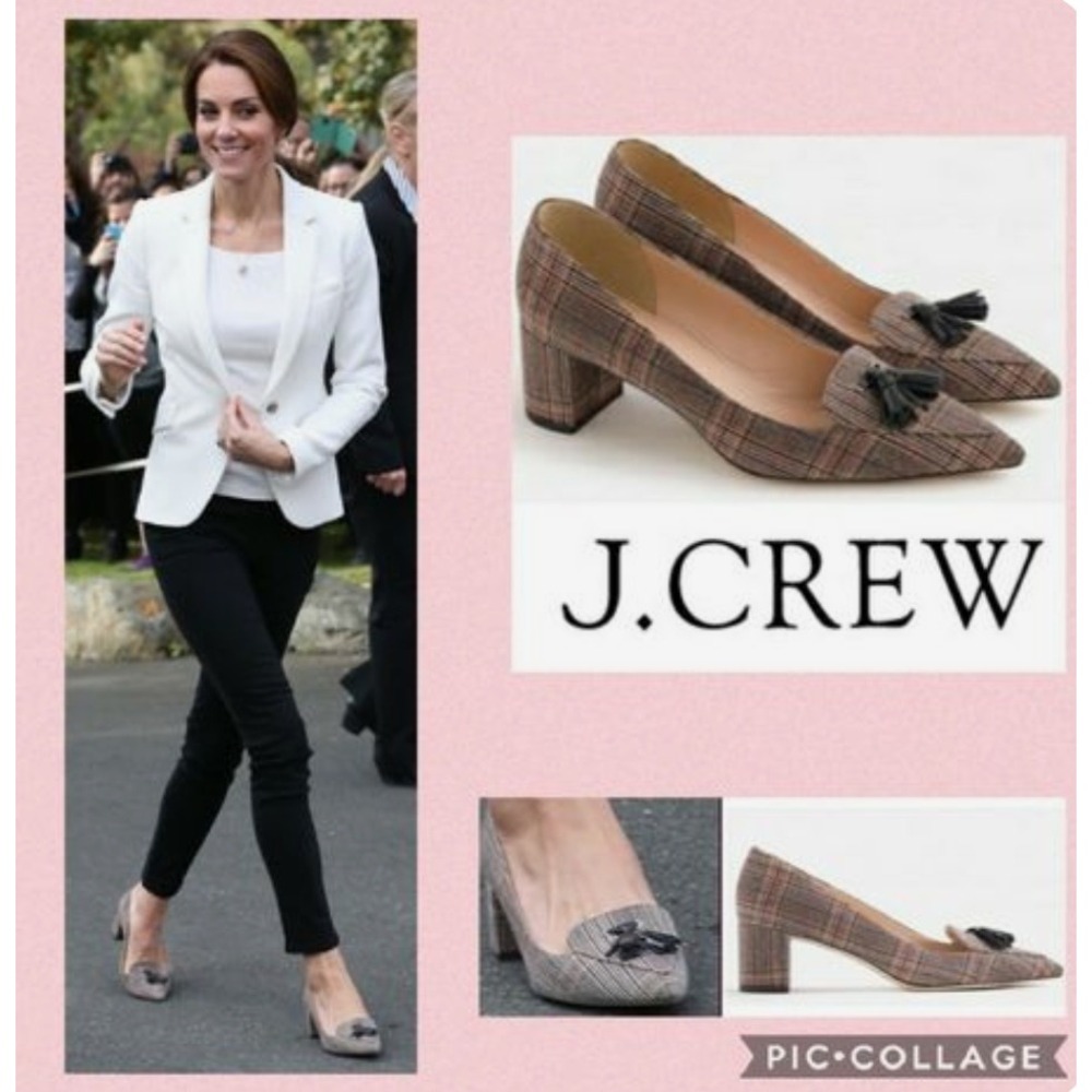 J.Crew Avery Women Italy Plaid Tweed Tassel Block Heel Pumps Kate Middleton 7.5